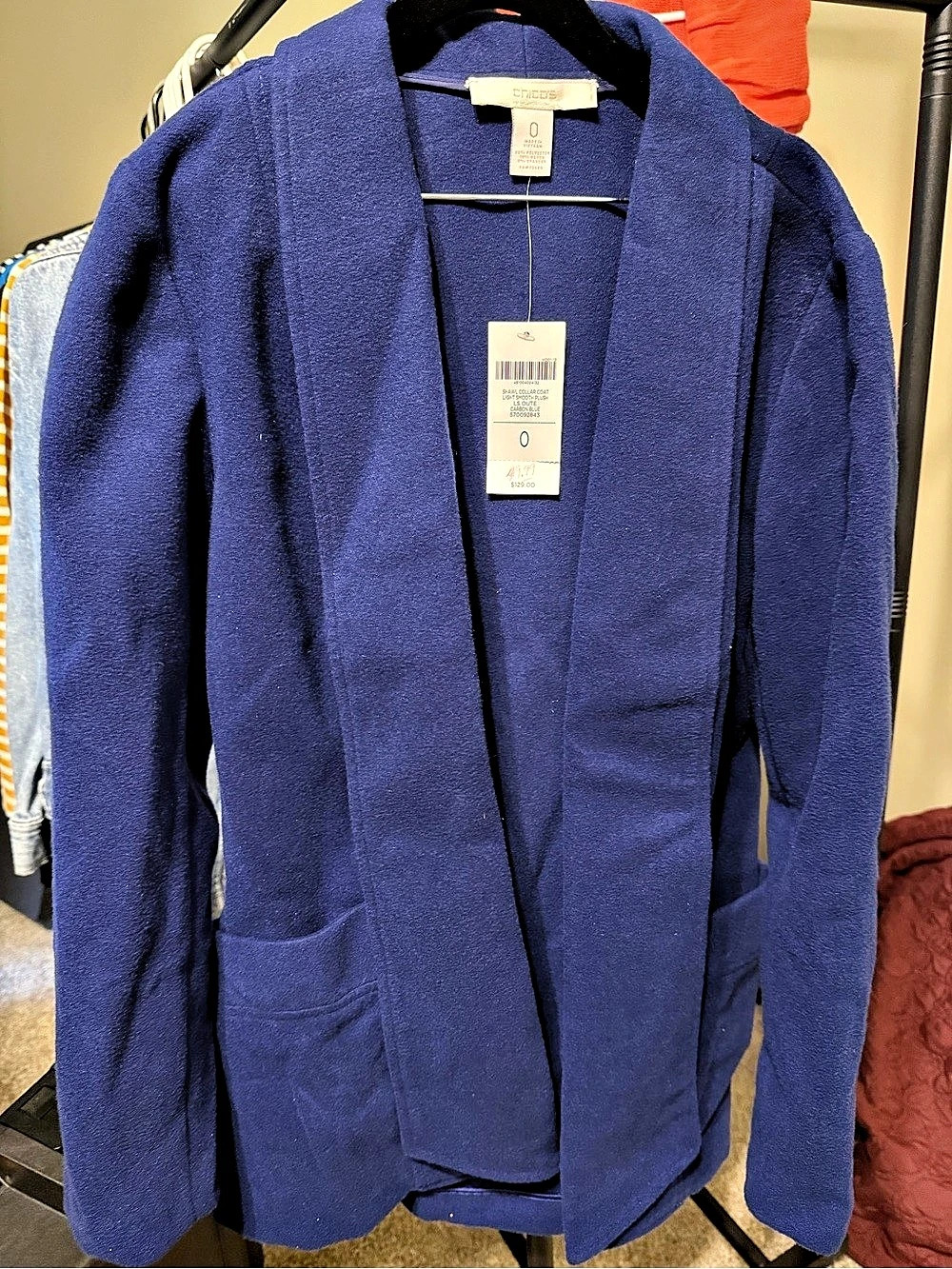 Chico’s Shawl Collar Coat Women’s Size 0 Carbon Blue NWT $129 MSRP Open Front